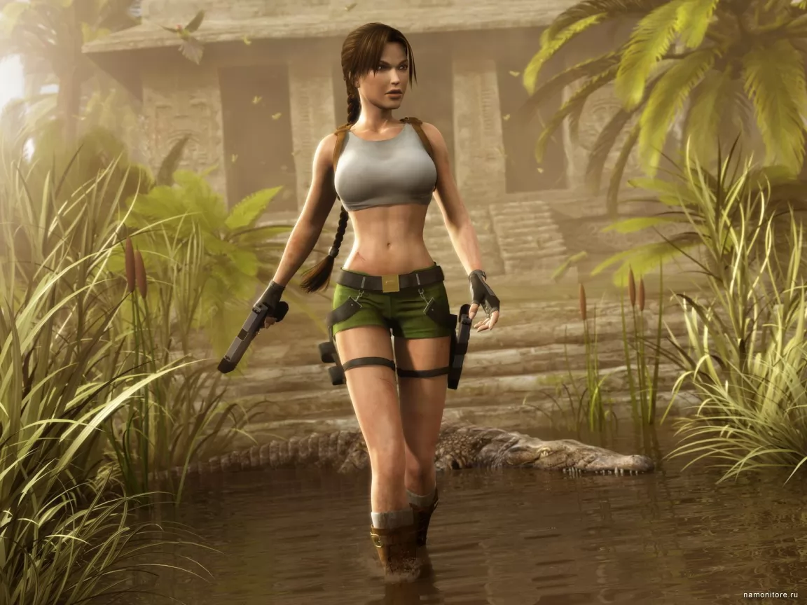 Tomb Raider: Lara Croft, 3D, девушки, зеленое, кинофильмы, рисованное х