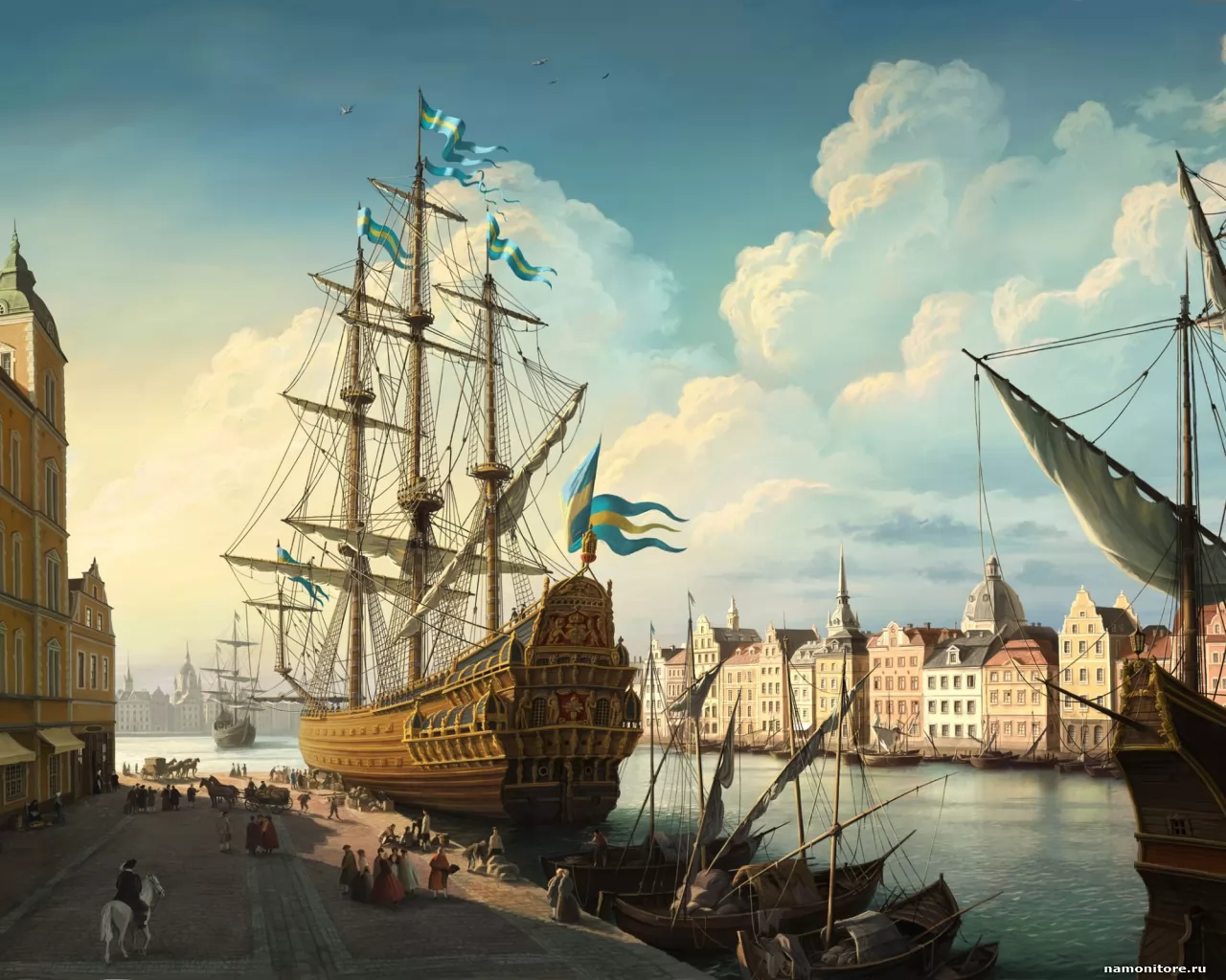 Swedish frigate of a XVIII-th century at landing stage, best, cities and countries, drawed, Europe, frigate, sailing vessel x