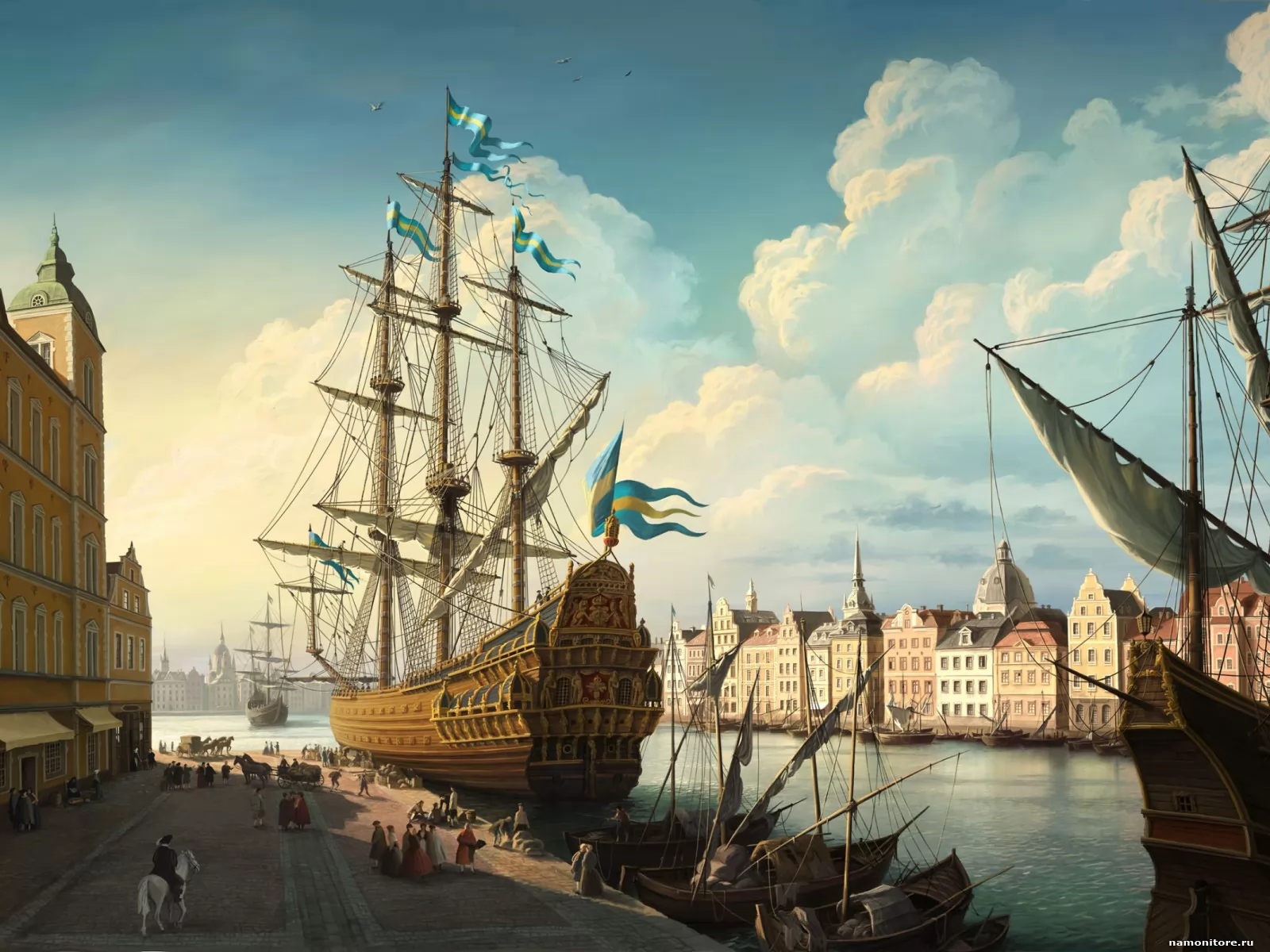 Swedish frigate of a XVIII-th century at landing stage, best, cities and countries, drawed, Europe, frigate, sailing vessel x