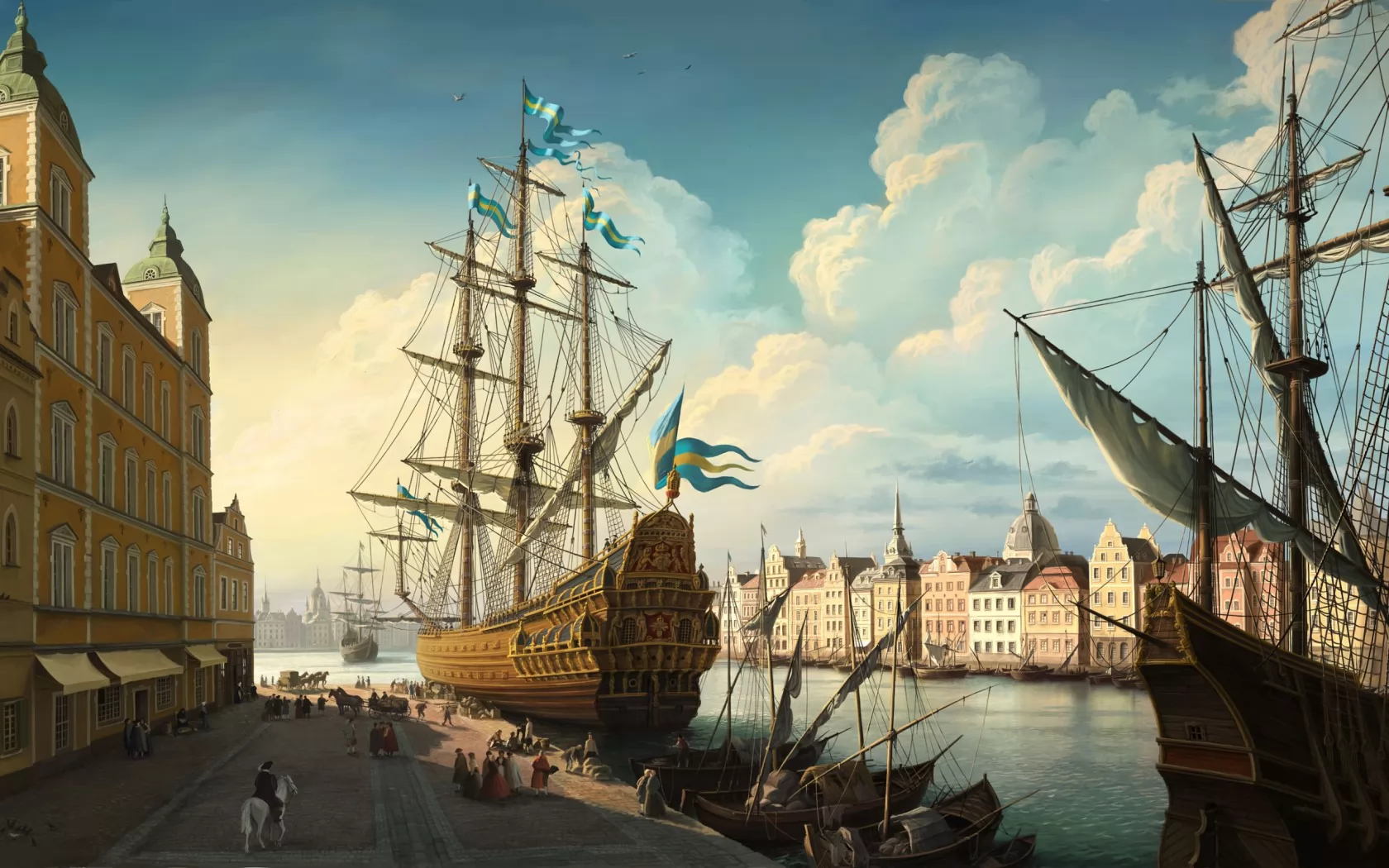 Шведский фрегат XVIII века у пристани, города и страны, Европа, лучшее, парусник, рисованное, фрегат х