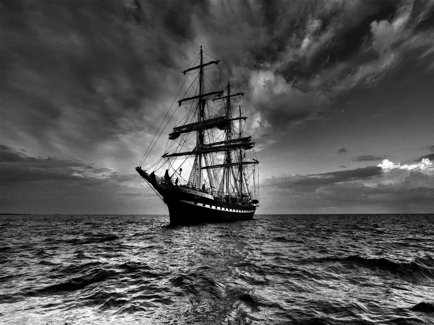 Трёхмачтовый парусник, корабли, лучшее, море, парусник, чёрно-белое, чёрное х