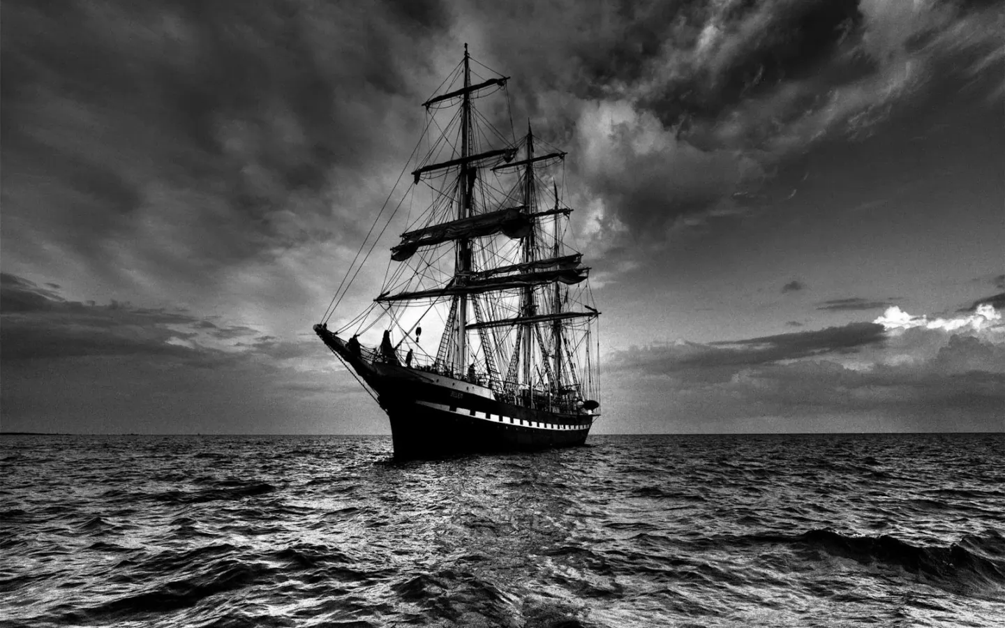 Трёхмачтовый парусник, корабли, лучшее, море, парусник, чёрно-белое, чёрное х