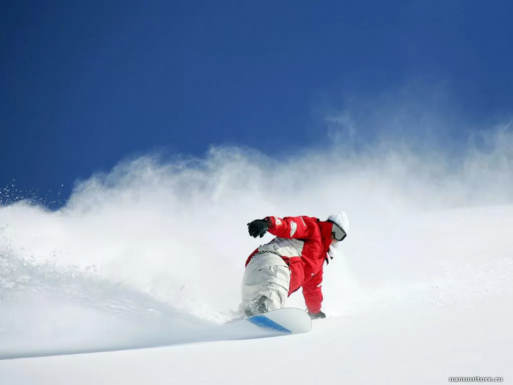 Сноуборд. Спуск с горы, белое, горы, зима, лучшее, синее, сноуборд, спорт х