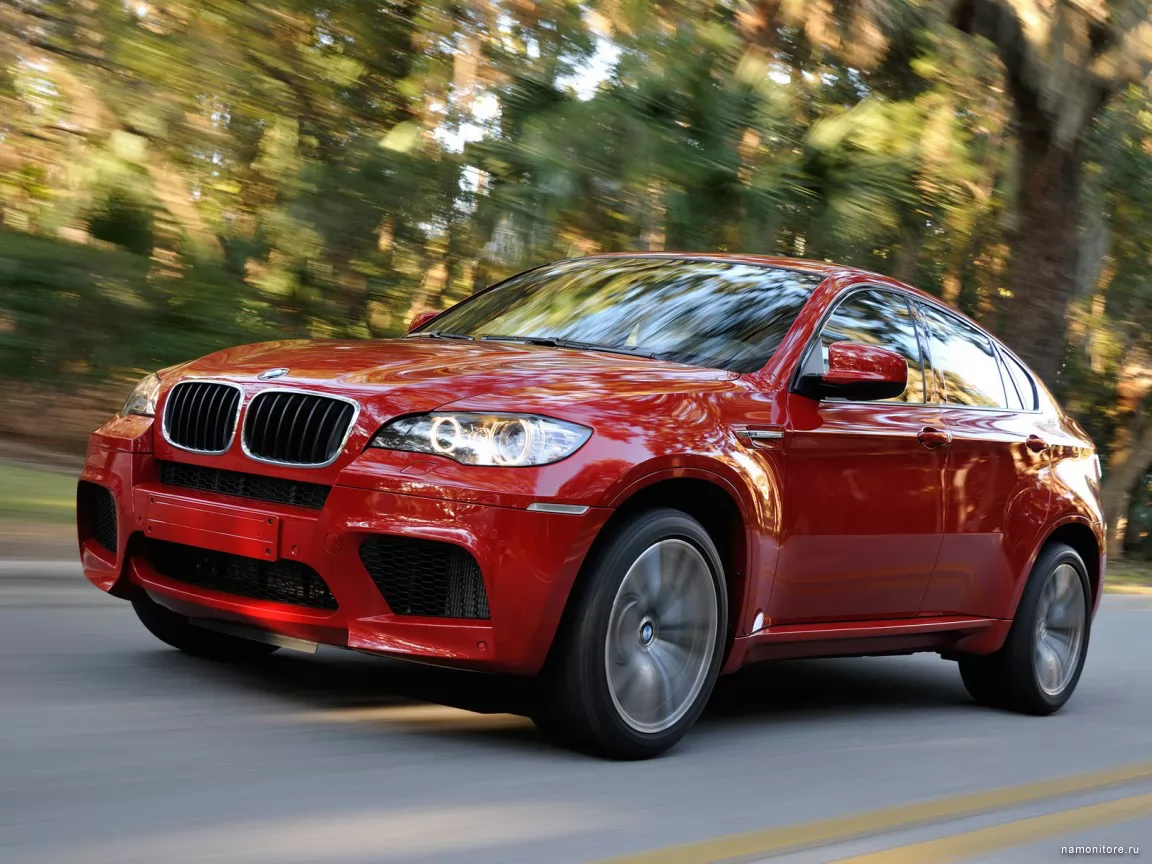 Красная BMW X6 M мчится по дороге, BMW, автомобили, красное, скорость, техника, шоссе х