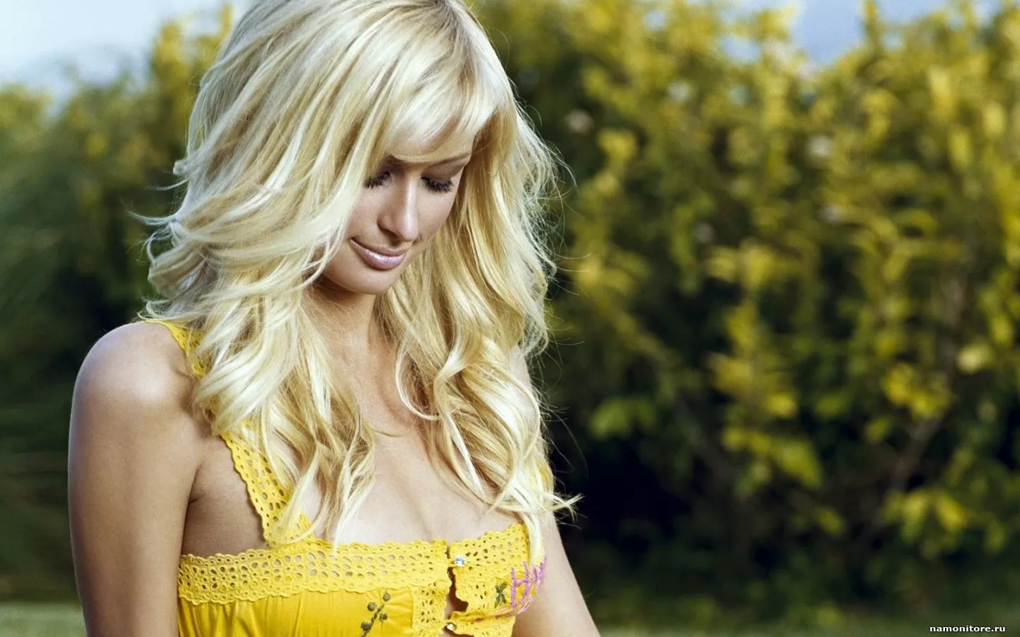 Paris Hilton in a yellow summer dress, blondes, celebrities, girls, green, Paris Hilton x